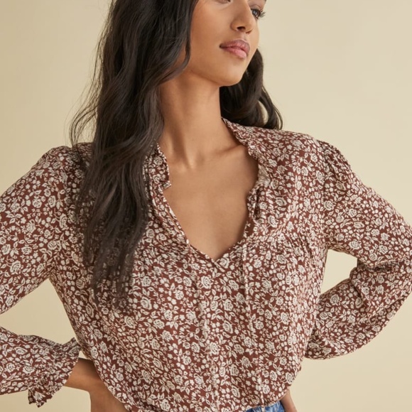 Reformation Tops - Reformation Amira Brown and White Floral Blouse | Size XS